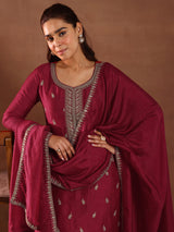 Women's Pink Floral Embroidered Straight Kurta with Solid Trouser and Embellished Dupatta