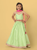 Girls Green Printed Sleeveless Lehenga Set with Dupatta