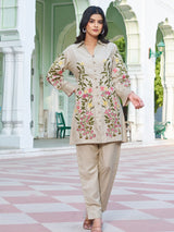 Women's Beige Embroidered Co-ord Set in Viscose Rayon