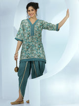 Women's Blue Floral Printed A-line Short Kurta With Printed Dhoti Pants