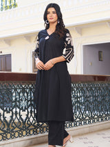 Women's Solid Black Cotton Slub with Tribal Embroidered Sleeves Kurta Set