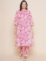 Women's Pink Floral Printed Panelled A-Line Kurta with Trouser