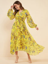Women's Yellow Printed Pleated Puff Sleeves Belted Chiffon Fit & Flare Midi Dress