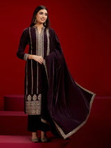 Women Purple Ethnic Relaxed Fit Embroidered  Full Sleeves Kurta Sets