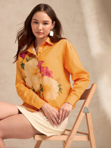 Women's Orange Oversized All Over Embellishment Printed Shirt