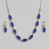 Women's Rose Gold Plated Pear Designer Necklace Set with Blue Crystals