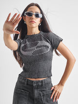 Women's Black Casual Self-Design Half Sleeves Sweater