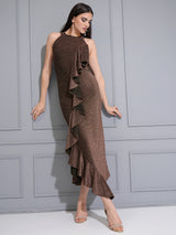 Women's Brown Party Embellished Ruffled Maxi Dress
