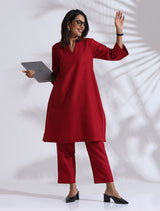 Women's Red Slub Kurta Co-ord Set