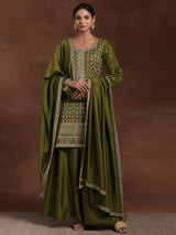 Women's Olive Ethnic Motif Zari Embellished Short Kurta With Palazzos and Dupatta