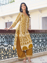Women's Mustard Block Print with Kauri Embellishment Kurta Set
