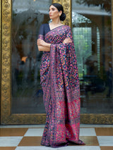 Women's Silk Blend Navy Woven Design Celebrity Saree with Blouse Piece