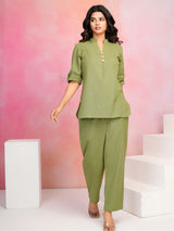 Women's Parrot Green Cotton Flex Co-Ord Set with Mandarin Collar & Stitched Button Details