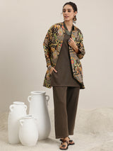 Women's Green Solid Straight Short Kurta With Palazzo and Woven Design Jacket