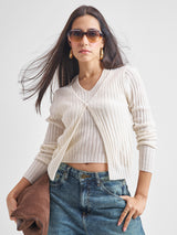 Women's Off White Casual Self-Design Full Sleeves Sweater