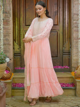 Women's Peach Floral Embroidered Panelled Mulmul Long Kurta With Trouser and Dupatta