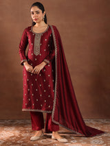 Women's Red Ethnic Motif Embroidered Straight Kurta with Solid Trouser and Embellished Dupatta