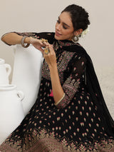 Women's Black Floral Printed Anarkali Kurta and Trouser With Printed Dupatta