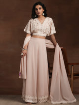 Women's Pink Floral Embroidered Georgette Crop Top with Embroidered Hem Palazzo and Solid Dupatta