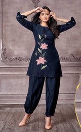 Women's Navy Work Regular Fit Embroidered Three Quarter Sleeves Co-Ord Sets