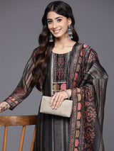 Women's Black Ethnic Motifs Printed Straight Kurta Paired With Tonal Solid Bottom And Printed Dupatta