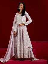 Women's Lavender Pure Silk Embroidered a-line Kurta and Palazzo With Dupatta