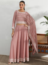 Women's Pink Ethnic Motif Embroidered Georgette Top with One Side Extended Sleeve and Solid Wide Leg Palazzo