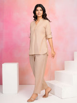 Women's Beige Cotton Flex Co-Ord Set with Mandarin Collar & Stitched Button Details
