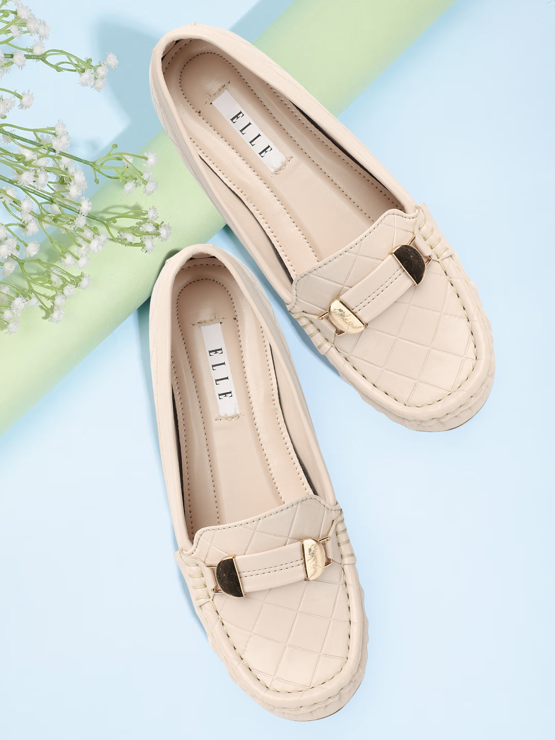 Women Cream Textured Lightweight Heeled Loafers
