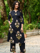 Women's Black Cotton Cambric Floral A-Line Kurta Set