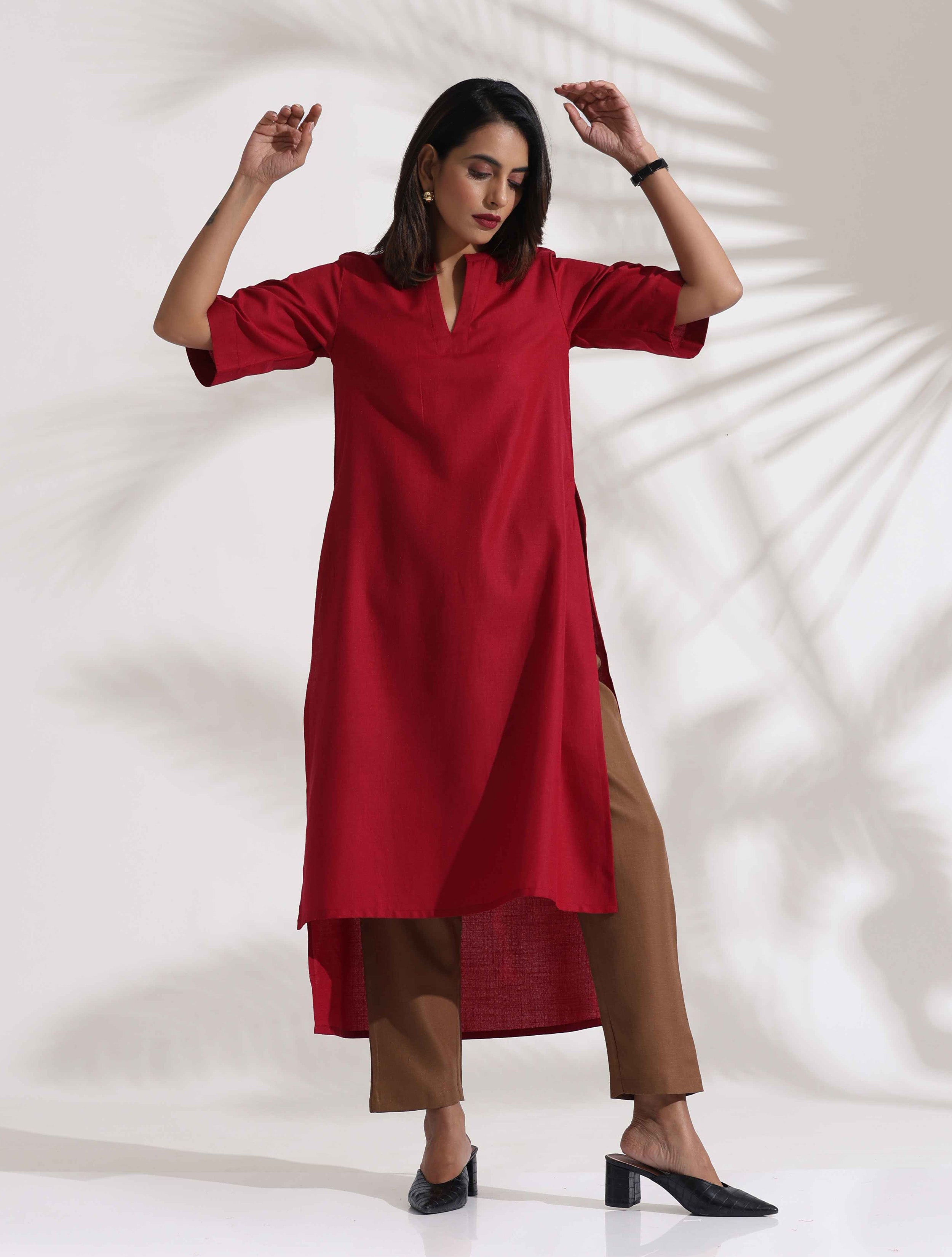 Women's Red Slub Highslit Kurta Set