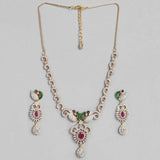 Women's Gold Plated CZ Peacock Designer Necklace Set with Enamel