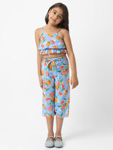 Girls Blue Casual Printed Co-Ord Set