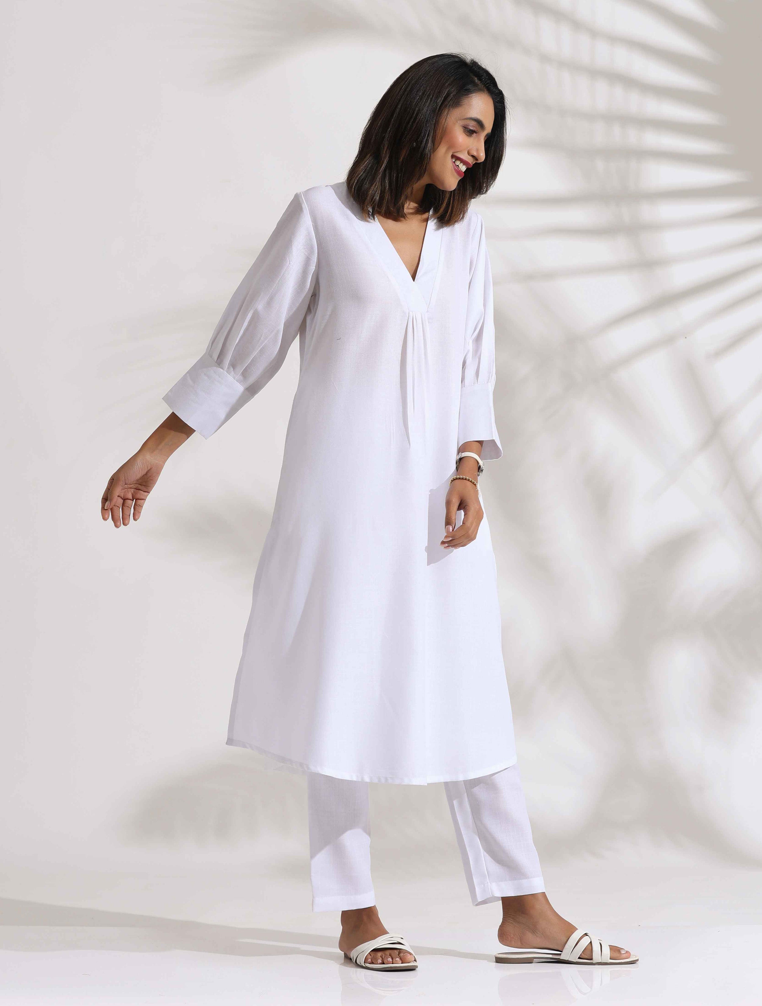 Women's White Slub Kurta Set