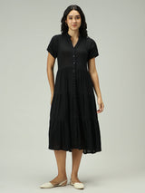 Women's Black Button Down Tiered Midi Dress
