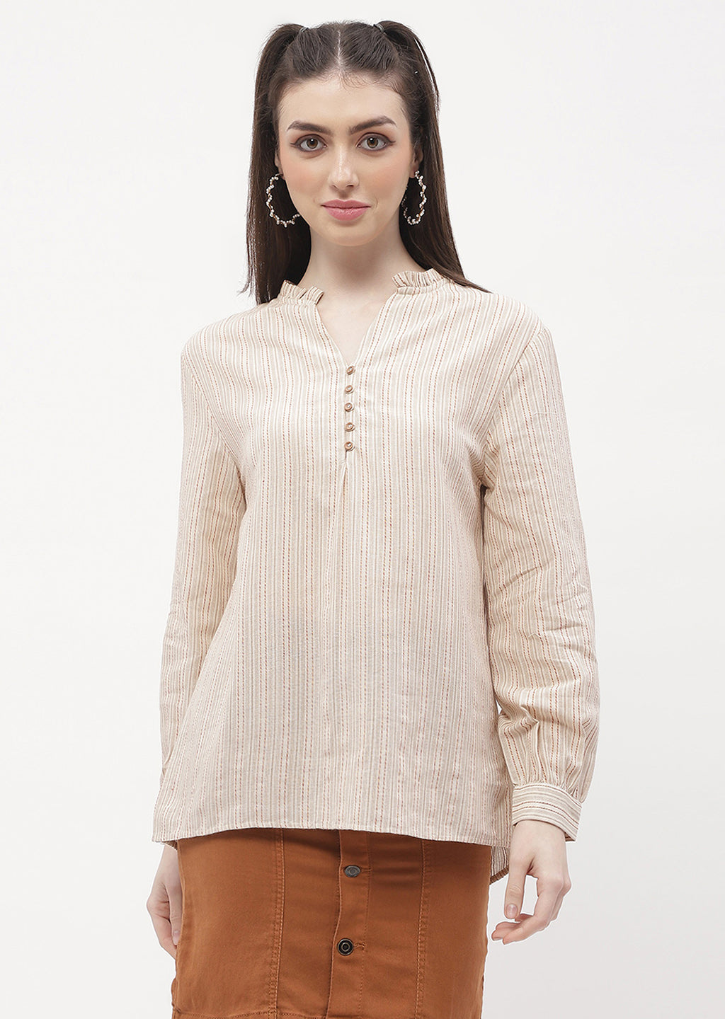 Women's Beige Casual Full Sleeve Ruffle Mandarin Collar Striped Top
