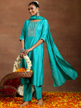 Women's Teal Blue Embroidered Straight Kurta and Teal Blue Solid Trouser with Blue Self Design Dupatta