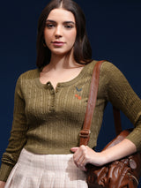 Women's Green Casual Self-Design Full Sleeves Sweater