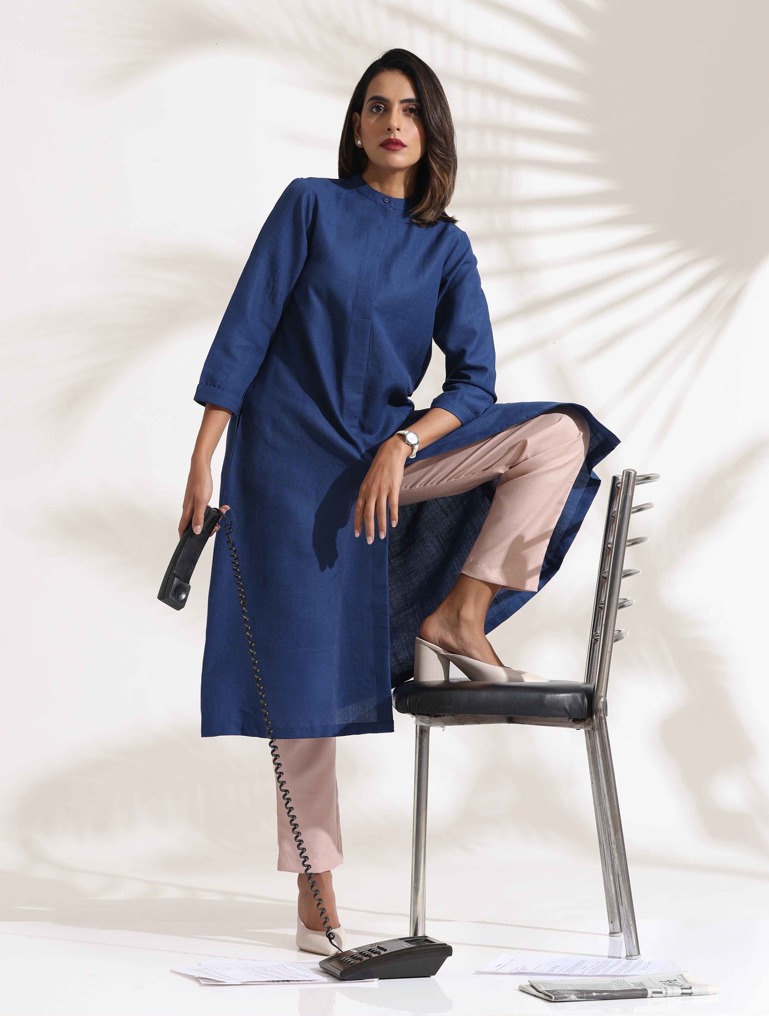 Women's Blue Slub Kurta Set