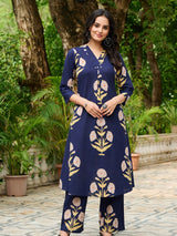 Women's Navy Floral Cotton A-Line Kurta Set