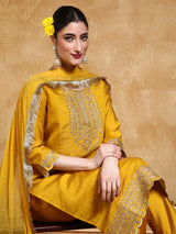 Women's Yellow Zari Embroidered Yoke Kurta with Trouser and Dupatta