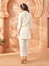 Women's White Multi-Thread Embroidered Chinon Co-Ord Set with Scallop 3/4th Sleeves