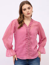 Women's Pink Casual Regular Fit Solid Full Sleeves Top