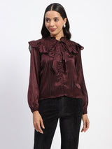 Women's Wine Casual Full Sleeve Tie Knot Frill Necked Striped Top