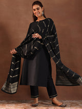 Women's Black Solid Straight Kurta and Solid Trouser with Self Design Dupatta