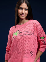 Women's Pink Casual Striped Full Sleeves Sweater