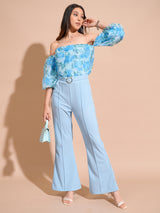 Women's Blue Party Floral Half Sleeves Jumpsuit