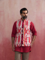 Men's Maroon Festive Printed Regular Fit Sleeveless Reversible Jacket