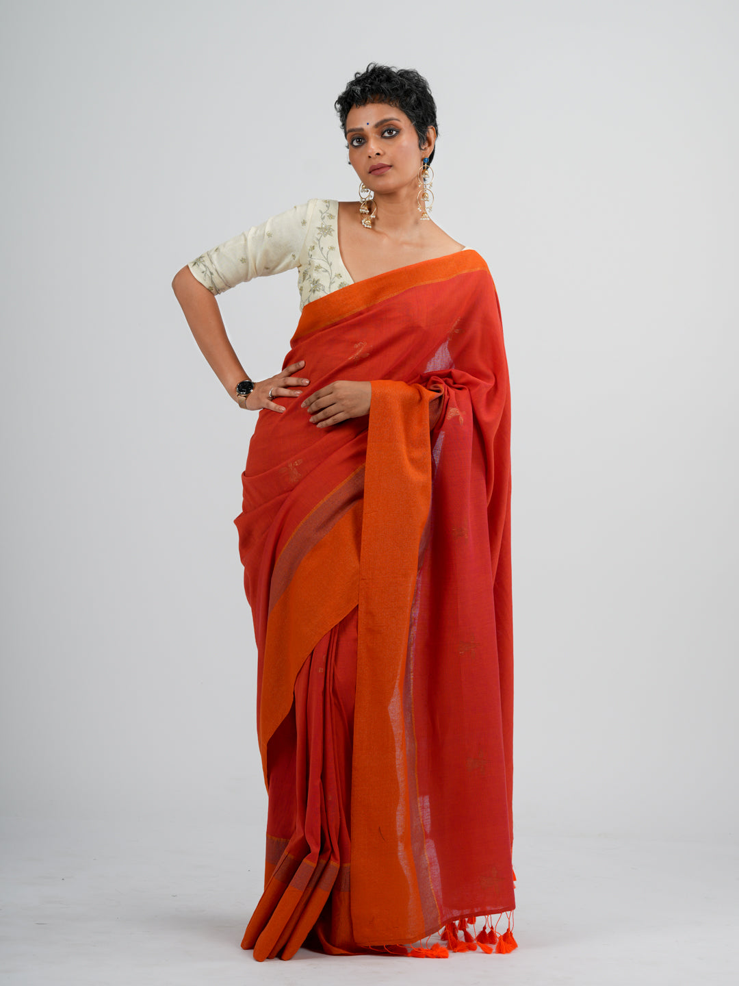 Women's Orange Casual Cotton Saree