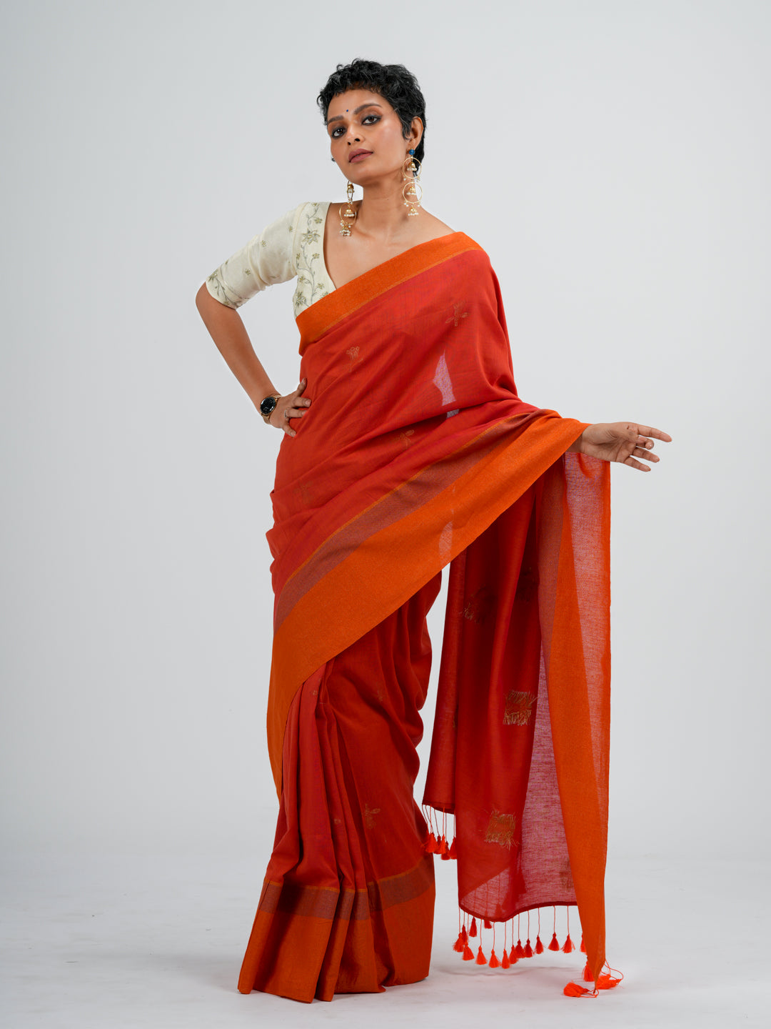 Women's Orange Casual Cotton Saree